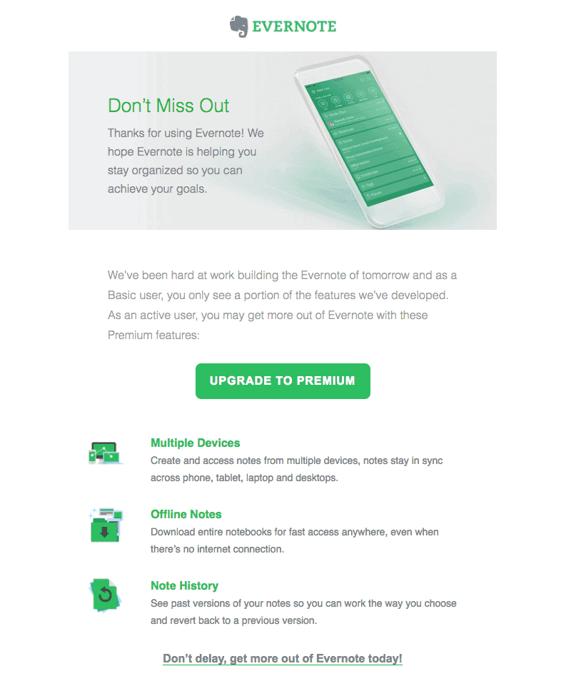 Example of promotional email from Evernote. 