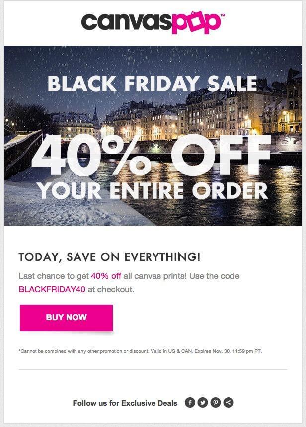 Example of promotional email from Canvaspop. 